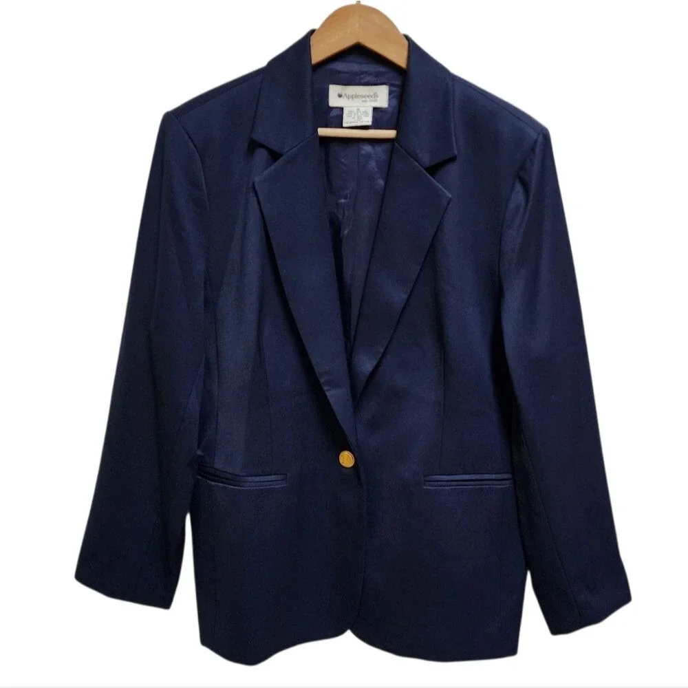 Appleseeds Navy 100% Wool Blazer Women Sz 18 Button Sheen Preppy Classic Vintage